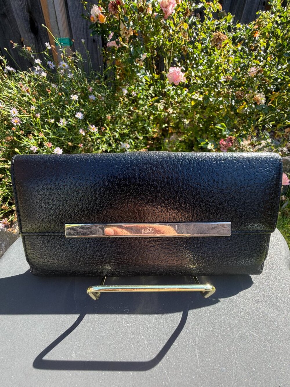 Gucci Vintage Black Textured Leather Continental Wallet Silver Bar